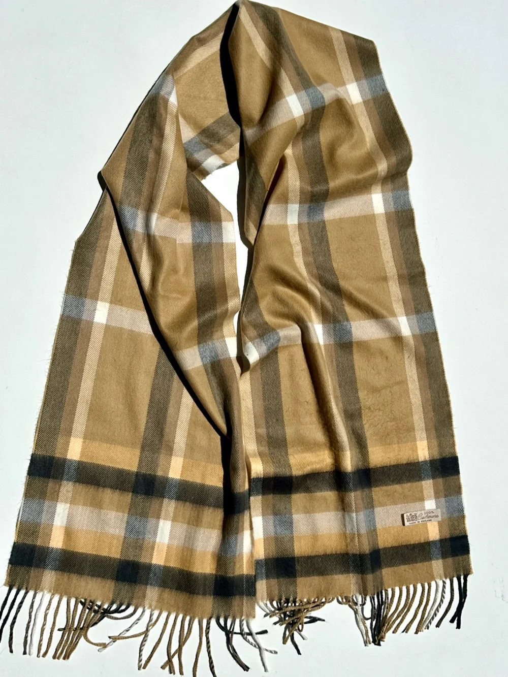 Vintage 100% Cashmere Scarf Made in England – Camel Windowpane Plaid – Unbranded